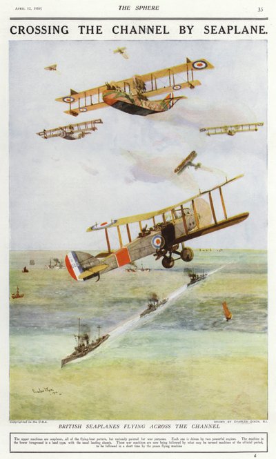 英仏海峡を飛ぶイギリスの水上機（カラーリトグラフ 作： Charles Edward (after) Dixon