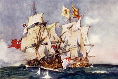 アンソンのセンチュリオンがスペインのガレオン船を利用するNuestra Senora de Cabadonga、1743 作： Charles Edward Dixon