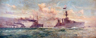 フォース湾で降伏するドイツ公海艦隊を率いるHMS「カーディフ」（1918年11月21日 作： Charles Edward Dixon