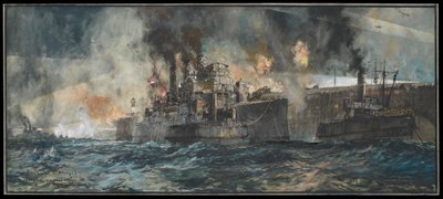 1918年4月23日、ゼーブリュッヘ、モーレに横付けされたHMS "Vindictive 作： Charles Edward Dixon