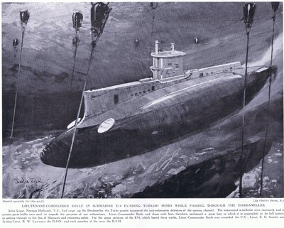 1915年のダーダネルス海域を通過中に、ボイル中尉がトルコの炭鉱を潜水艦から回避したことでVCを授与 作： Charles Edward Dixon
