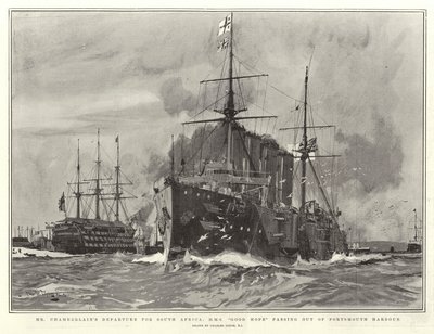チェンバレン氏の南アフリカへの出発、ポーツマス港を去るHMSグッドホープ 作： Charles Edward Dixon
