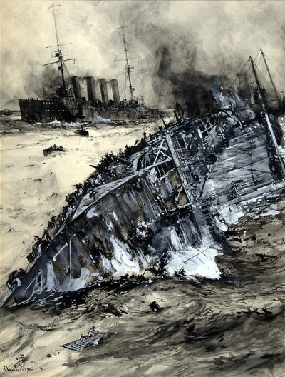 HMS Hogue、Cressy、Aboukirの沈没（紙にトイレ） 作： Charles Edward Dixon