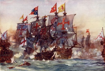 フロレス沖のアゾレス諸島における復讐の最後の戦い、1591年 作： Charles Edward Dixon