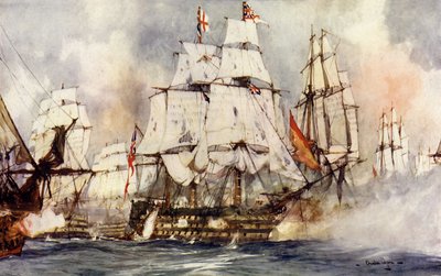 トラファルガーでの勝利。ネルソンの旗艦、サンティッシマトリニダードに近づく 作： Charles Edward Dixon