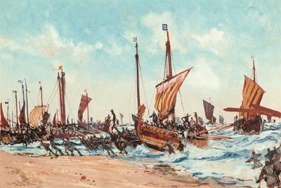 1066年9月28日、征服王ウィリアムのヘイスティングス上陸 作： Charles Edward Dixon