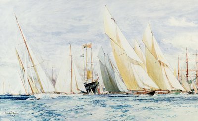 20 Seconds to Go：「White Heather」、「Cambria」、「Alstra」、「Westward」、「Britannia」、「Lulworth」、「Shamrock」、カウズでのヨット、 作： Charles Edward Dixon