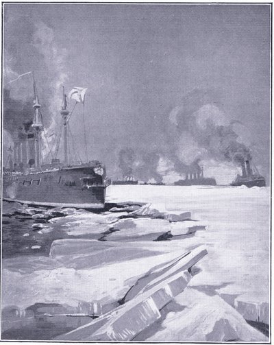 ウラジオストク艦隊、ウラジオストク港から氷を押し出す、カッセルの日露戦争1巻、1900年頃のイラスト 作： Charles Edward Dixon
