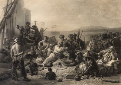 アフリカ海岸の光景」：奴隷と奴隷主が海外への輸送を待つ。 作： Charles Edward Wagstaff