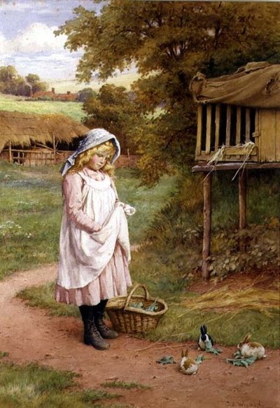 うさぎに餌をやる」（油彩・キャンバス 作： Charles Edward Wilson