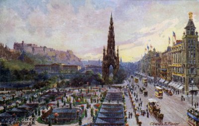 スコットランド・エディンバラ、プリンシズ・ストリート（カラーリトグラフ 作： Charles Edwin Flower
