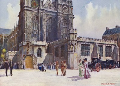 エドワード7世王とアレクサンドラ女王が下車したウェストミンスター寺院 作： Charles Edwin Flower