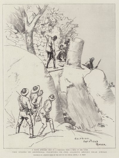 ローデシアの台頭、グウェロ近くの花崗岩コピエスでの戦い 作： Charles Edwin Fripp