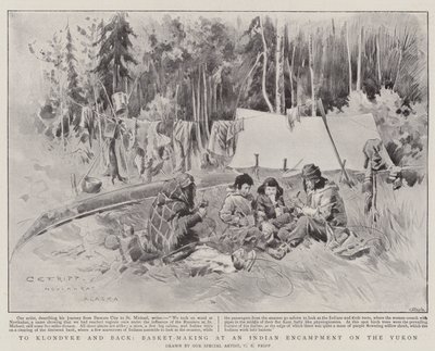 クロンダイクへの往復、ユーコンのインディアン野営地でのバスケット作り(リトグラフ) 作： Charles Edwin Fripp