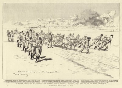 ローデシアの輸送困難、Umzingwane川の河床を横切ってワゴンを運ぶ7人目のHussar 作： Charles Edwin Fripp