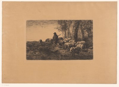 豚の群れを持つ羊飼い 作： Charles Emile Jacque (attributed to)