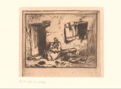 ファサードに対してベンチで子供を持つ女性 作： Charles Emile Jacque (attributed to)