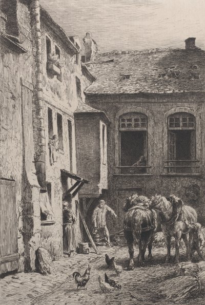 1865年のパリの中庭。 作： Charles Emile Jacque
