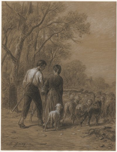 羊を連れてくる、1800年代。 作： Charles Emile Jacque