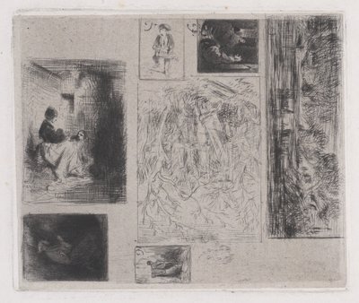 複合プレート: 女性と子供 a、老いた音楽家 b、揚げる商人 c、風景 ...、1843 年。 作： Charles Emile Jacque