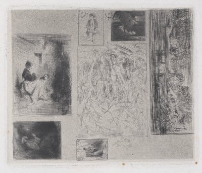 複合プレート: 女性と子供たち a、古い音楽家 b、揚げる商人 c、風景 ...、1843 年。 作： Charles Emile Jacque