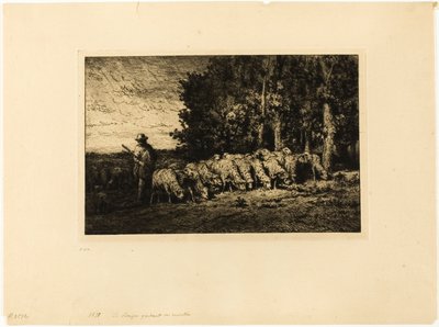 森の端にいる羊の群れ 作： Charles Emile Jacque
