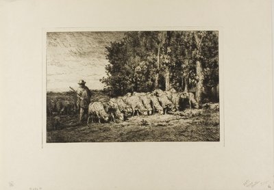 森の端にいる羊の群れ 作： Charles Emile Jacque