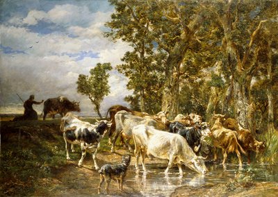 飲用プールで牛の群れ、 作： Charles Emile Jacque