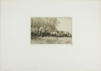 森から出てくる豚の群れ 作： Charles Emile Jacque