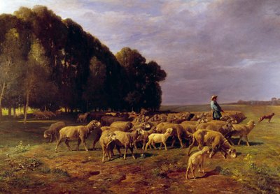 風景の中の羊の群れ」または「平原で羊の群れを駆る羊飼い」 シャルル・ジャック（1813-1894）の絵画 19世紀 日1,76×2,8メートル 作： Charles Emile Jacque
