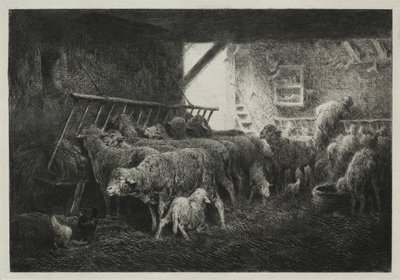 羊の囲いの内部。 作： Charles Emile Jacque
