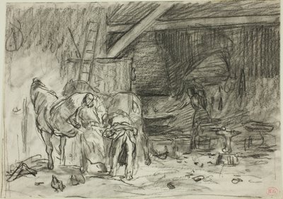 鍛冶屋の店内（レクト）、身をかがめる男（裏面） 作： Charles Emile Jacque