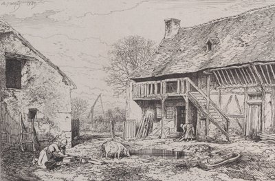 農民の庭の風景、1845年。 作： Charles Emile Jacque