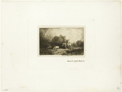 馬に乗った男と豚と牛のいる風景 作： Charles Emile Jacque