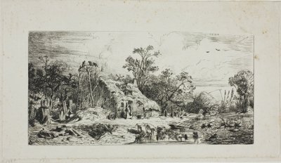 茅葺き小屋のある風景 作： Charles Emile Jacque