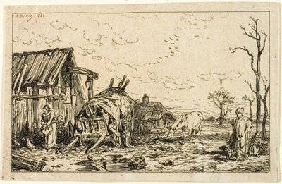 連結されていないカートのある風景 作： Charles Emile Jacque