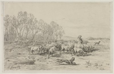 羊の群れのいる風景、1800年代。 作： Charles Emile Jacque