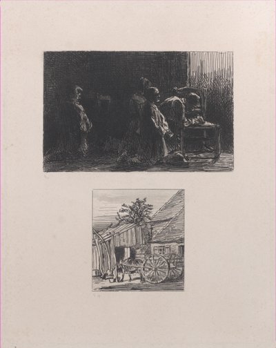 祈りの上、下の家の前のカート、1845年。 作： Charles Emile Jacque