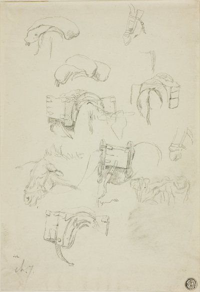 スケッチのシート：ロバと小物の詳細 作： Charles Emile Jacque