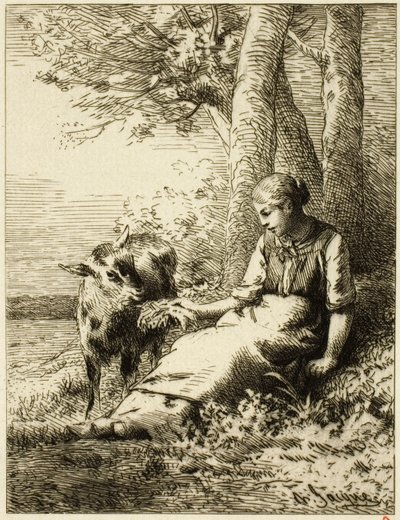 木の端で羊の群れを持つ羊飼い 作： Charles Emile Jacque