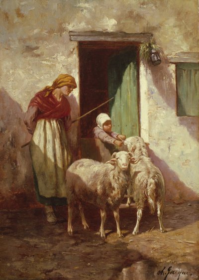 子供と2頭の羊と羊飼い 作： Charles Emile Jacque