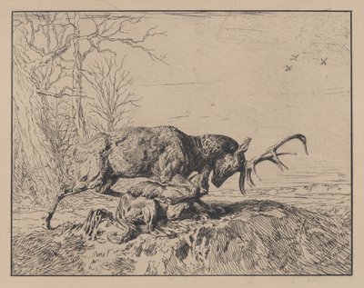 オオカミと戦う雄鹿、アントワーヌ ルイ バリー作、1846 年。 作： Charles Emile Jacque