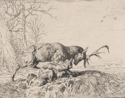 オオカミと戦う雄鹿、アントワーヌ ルイ バリー作、1846 年。 作： Charles Emile Jacque