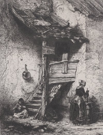 階段と攪拌する女性、1845 年。 作： Charles Emile Jacque