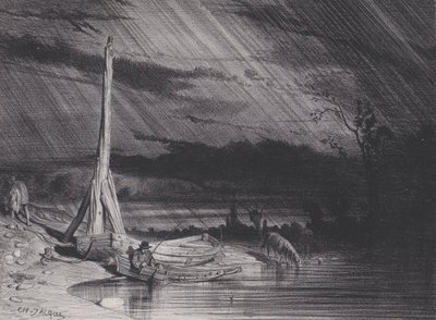 漁師、雨の天気、カリフォルニア州。 1853年。 作： Charles Emile Jacque