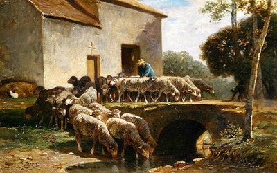 群れが去る」（油彩・パネル） 作： Charles Emile Jacque