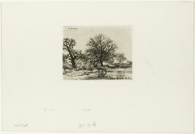 池の近くの木々と牛 作： Charles Emile Jacque