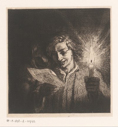 ろうそくの明かりで文字を読む二人の人物 作： Charles Emile Jacque
