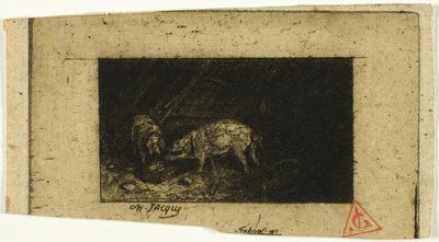 トラフから食べる 2 匹の豚 作： Charles Emile Jacque