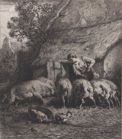 豚に餌をやる女、1850年。 作： Charles Emile Jacque